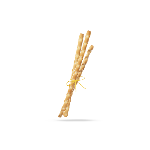 Tre bastoncini di grissini intrecciati legati con un nastro giallo