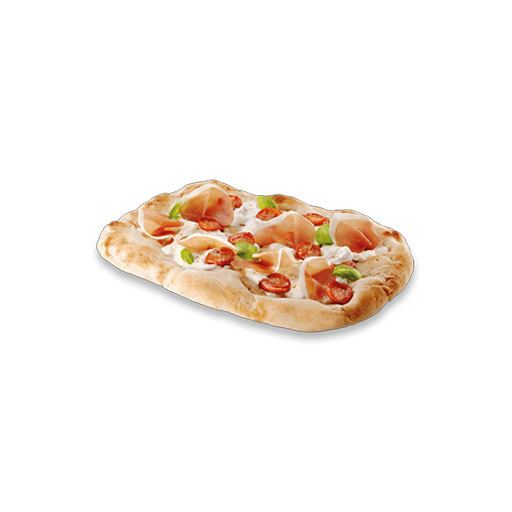 Pizza bianca con prosciutto, pomodorini e basilico su base croccante