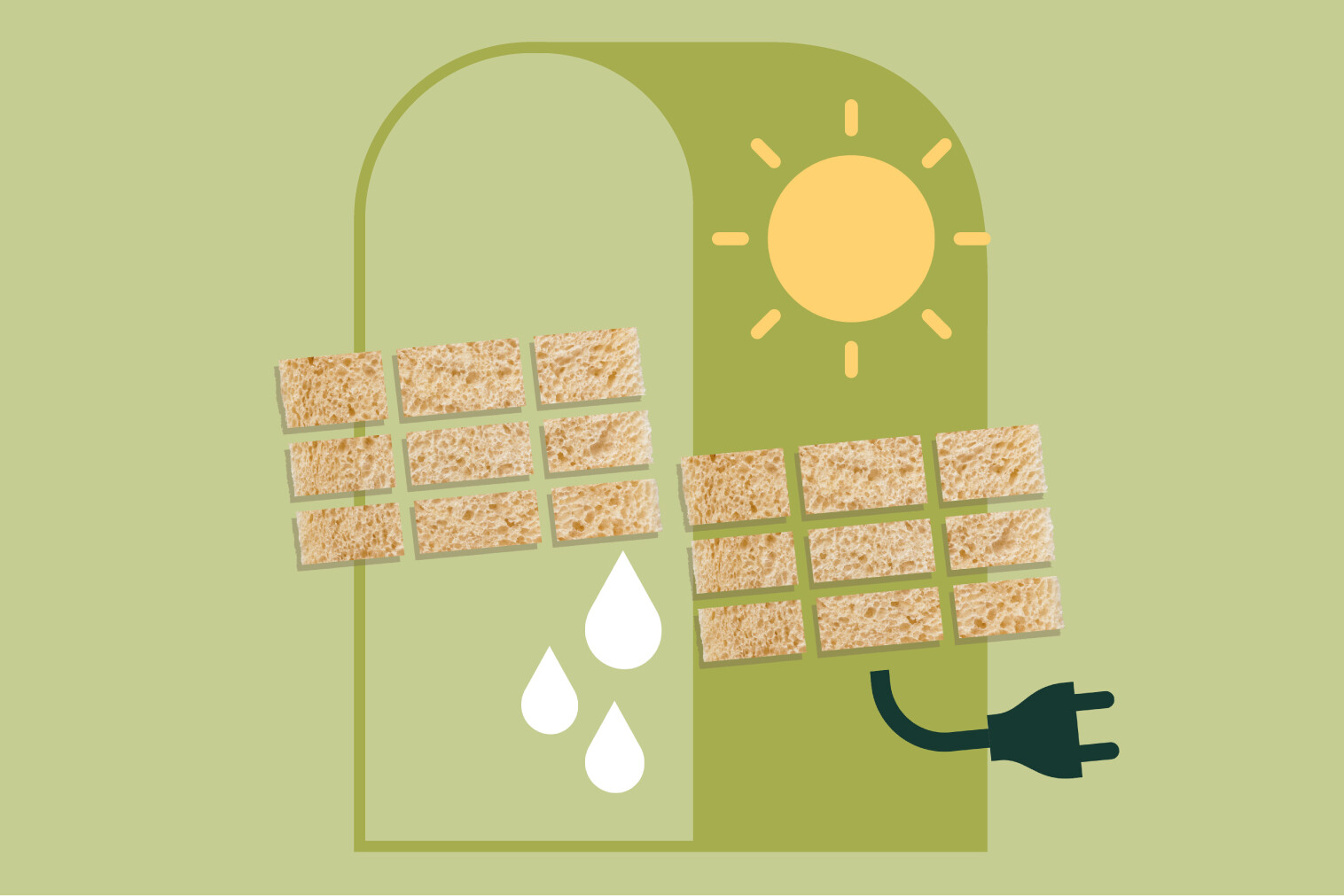 Illustrazione di un pannello solare con simboli di acqua e elettricità su sfondo verde