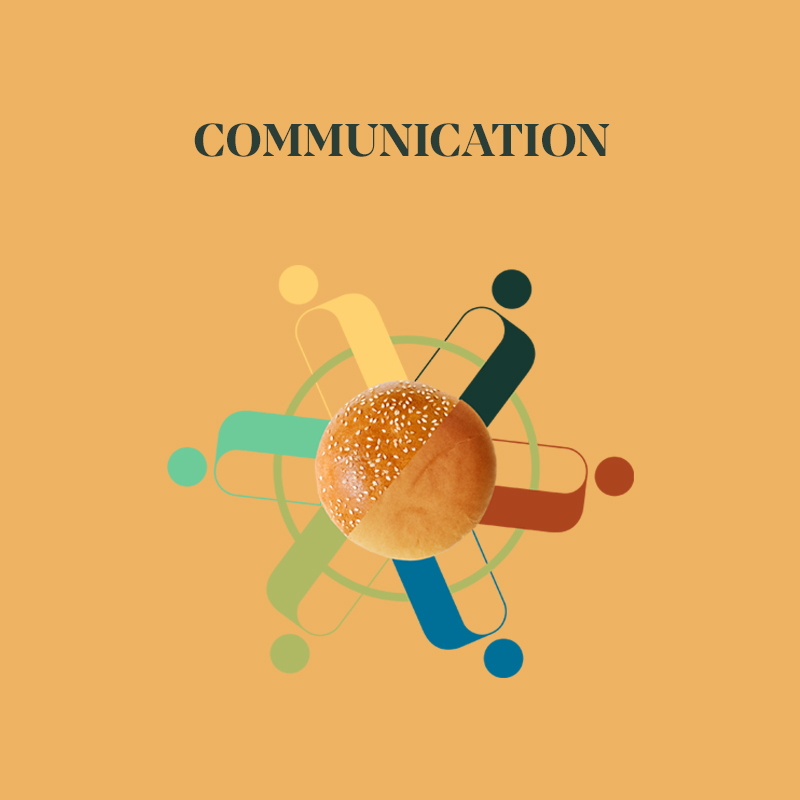 Graphic of a central burger with colorful icons representing communication and connection