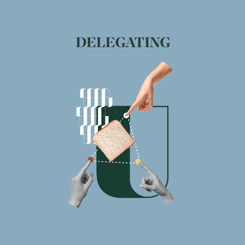 A creative illustration showing hands delegating tasks with a slice of bread and geometric shapes