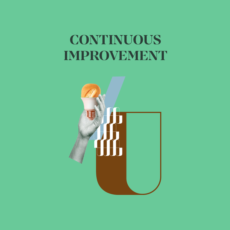 Conceptual graphic illustrating continuous improvement with hand holding a lightbulb on green background