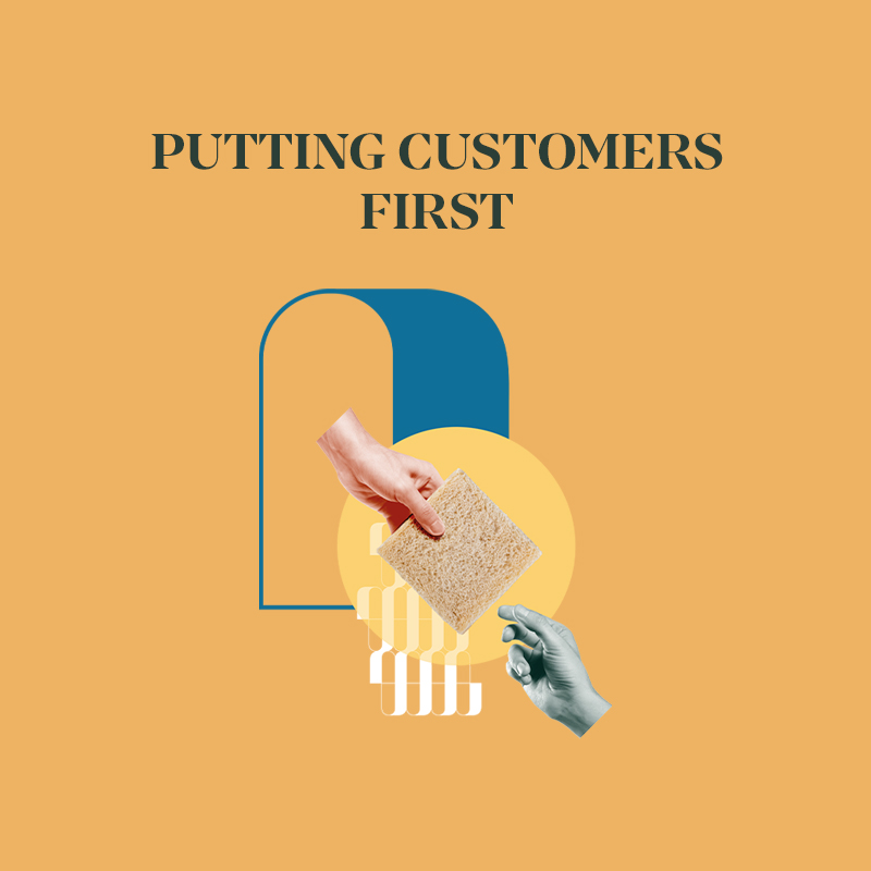 Graphic promoting customer-centric values with diverse hands exchanging items on an orange background
