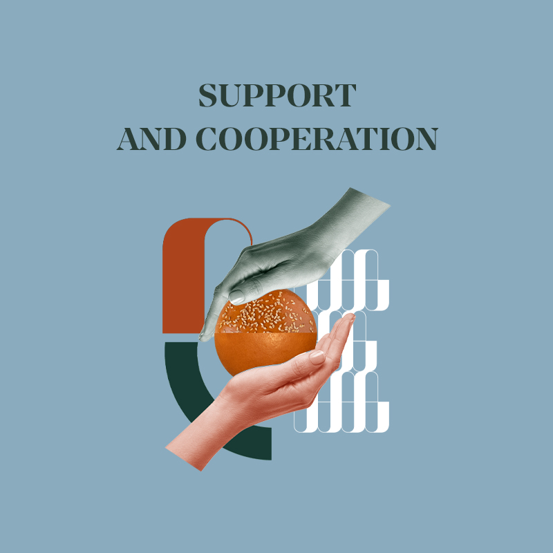 Illustration of hands symbolizing support and cooperation, featuring an orange sphere against a blue background