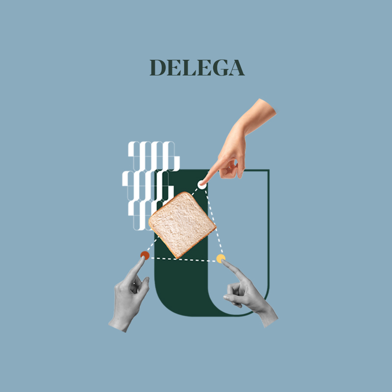 Un'immagine creativa che combina mani, pane e elementi grafici su sfondo blu