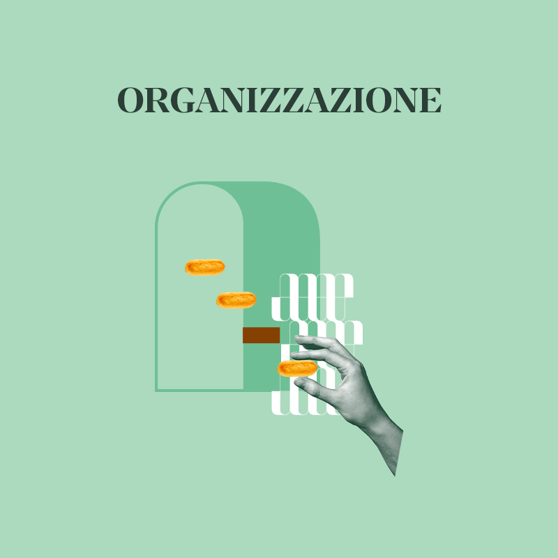 Illustrazione rappresentativa dell'organizzazione con elementi grafici e una mano che tiene un oggetto