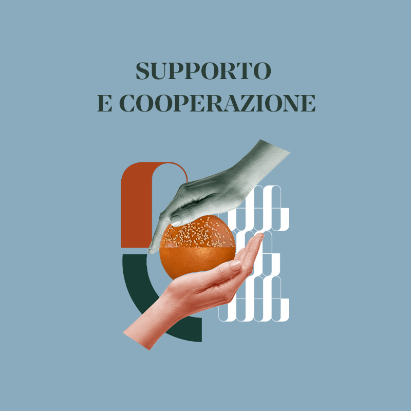 Immagine stilizzata che rappresenta il supporto e la cooperazione con mani che si uniscono